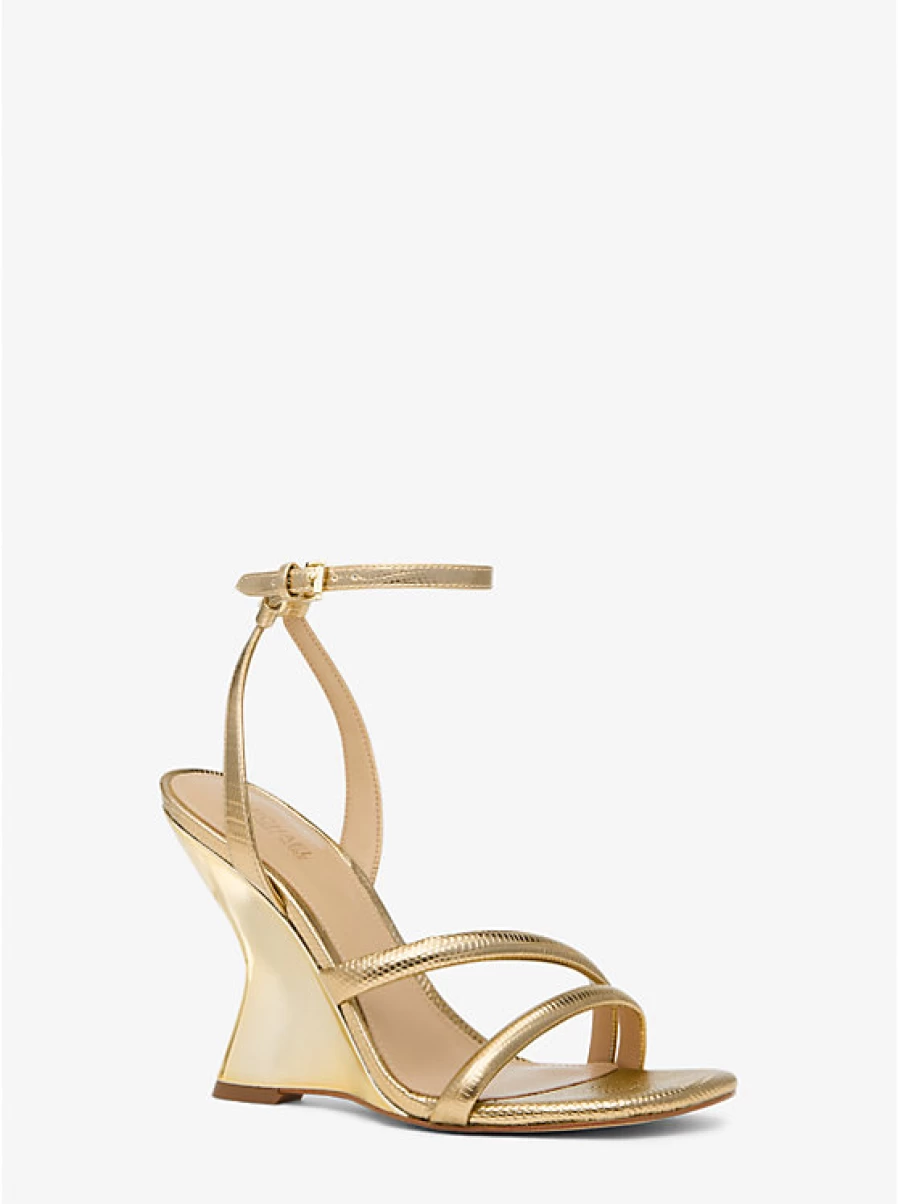 Michael Kors Women's Nadina Metallic Lizard Embossed Leather Wedge Sandals