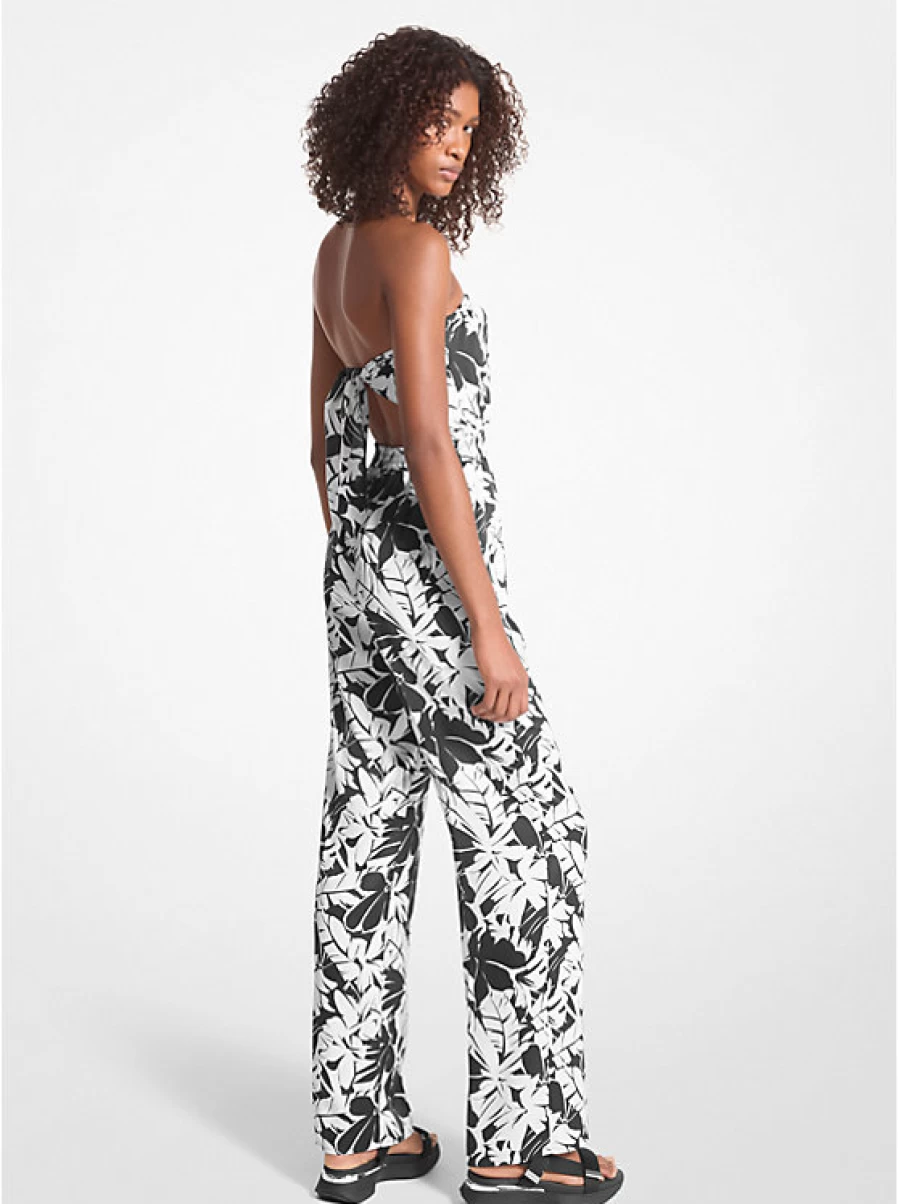 Michael Kors Women's Satin Jumpsuit with Palm Tree Print - Front & Back Tie Detail