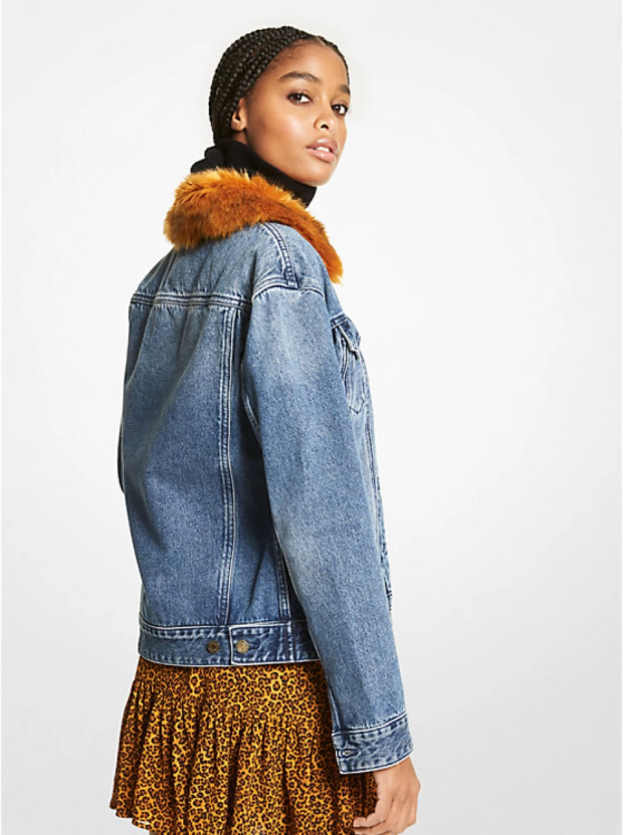 Michael Kors Women's Denim Jacket with Faux Fur Trim - Stylish Cozy Outerwear