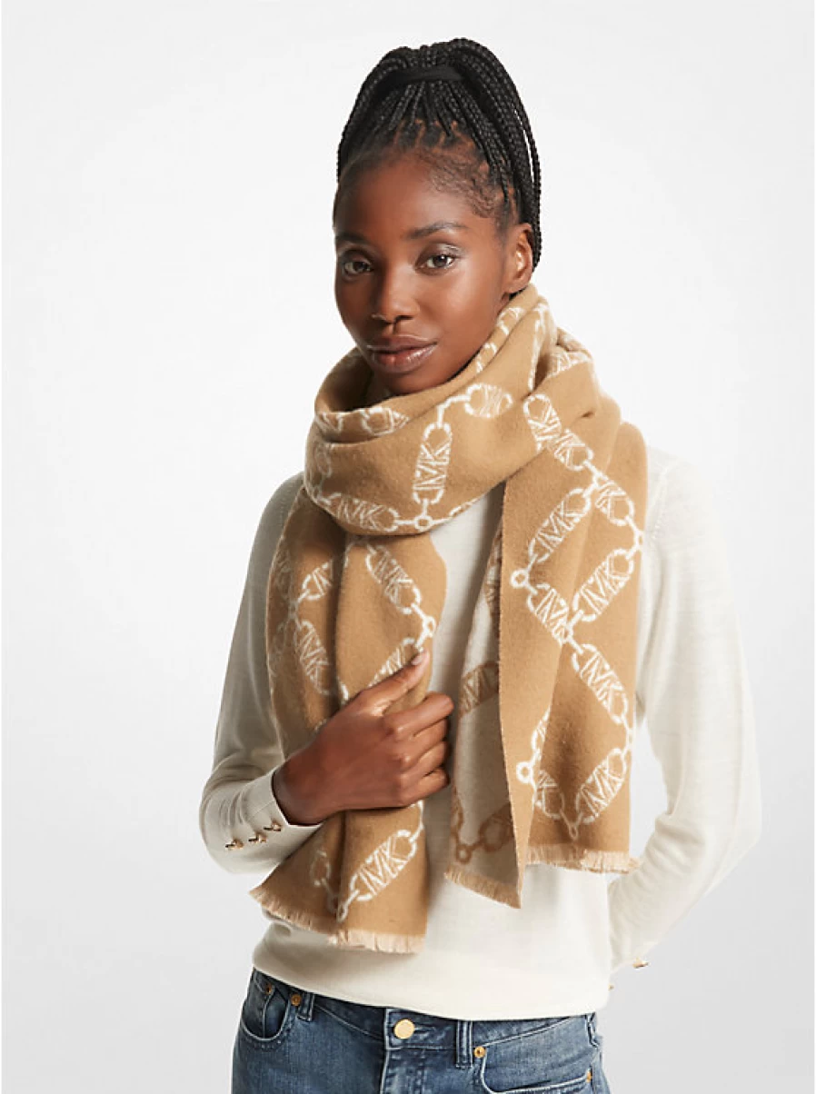 Michael Kors Women's Reversible Wool & Cashmere Jacquard Scarf with Empire Logo and Wide Neckline