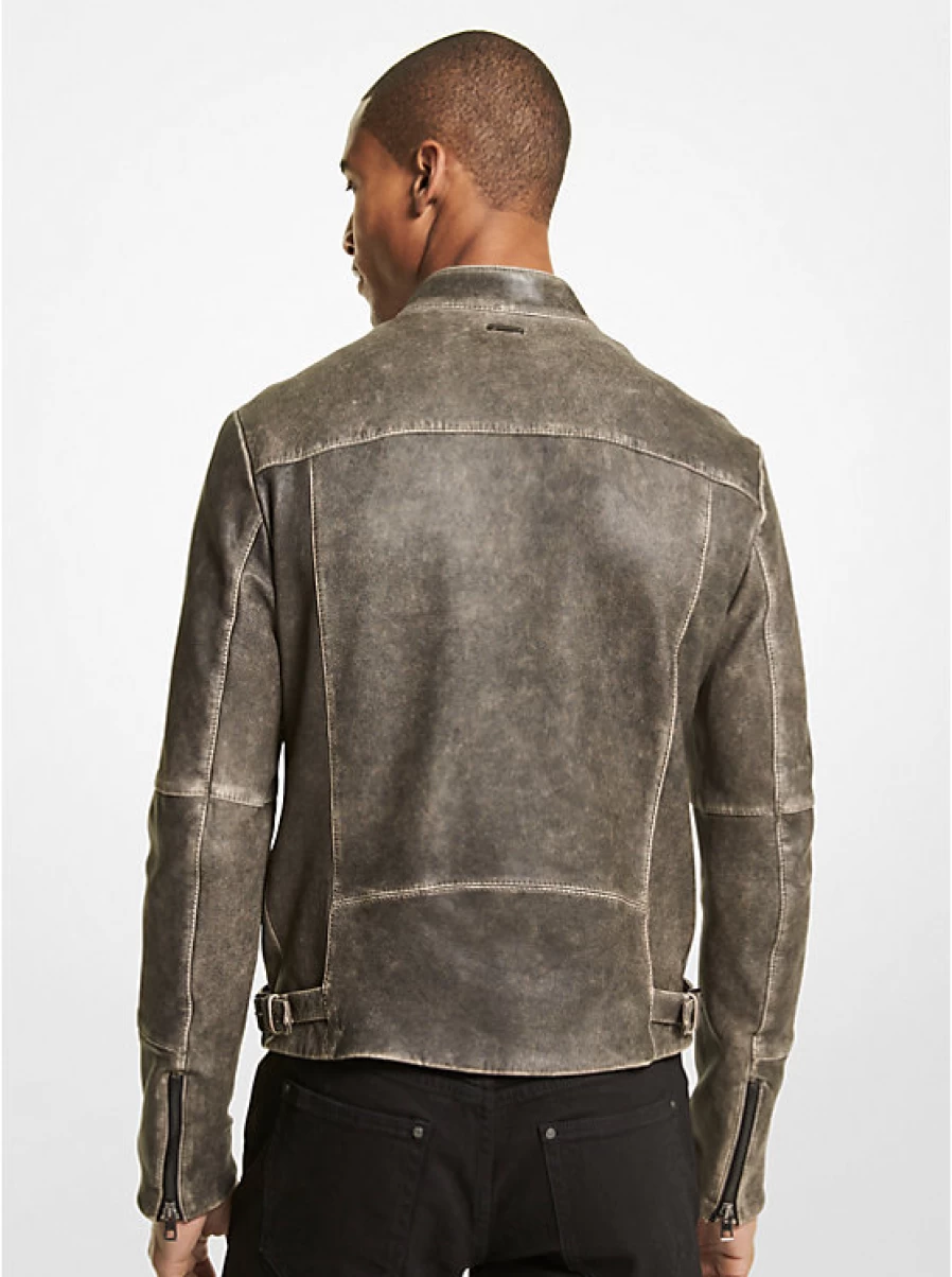 Michael Kors Men's Vintage Washed Leather Biker Jacket for Racing & Casual Wear