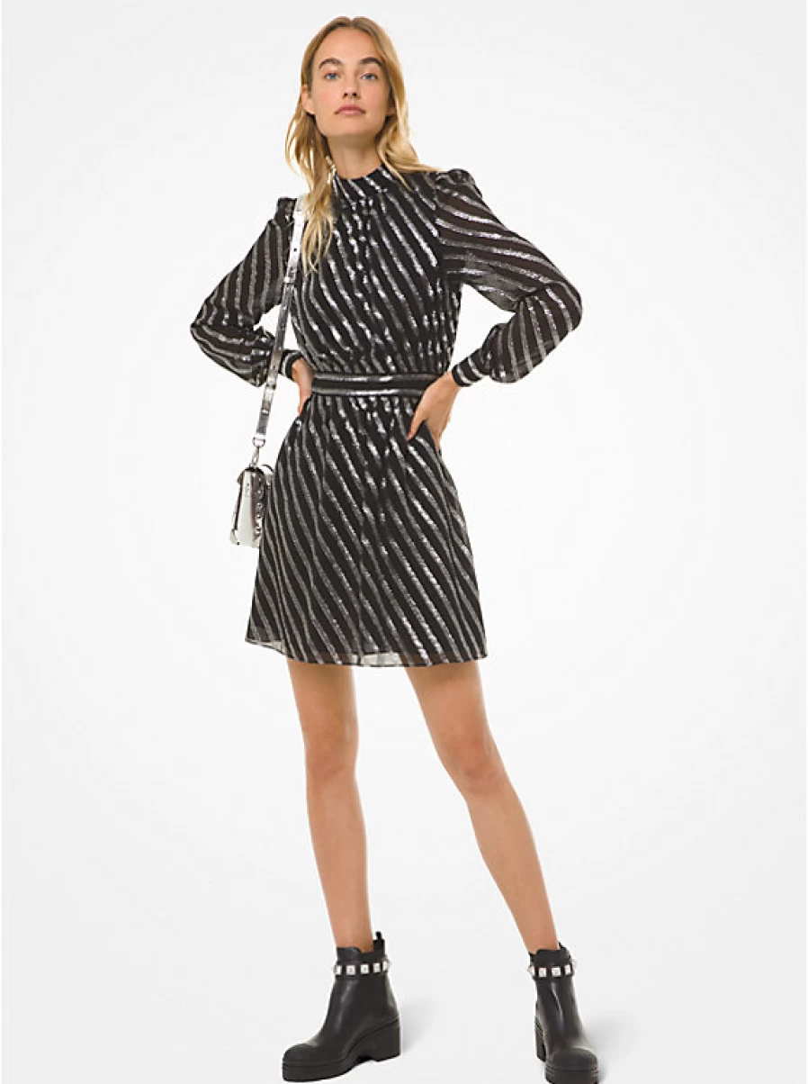 Michael Kors Women's Silk Jacquard Dress with Metallic Stripes - Elegant Striped Jacquard Gown