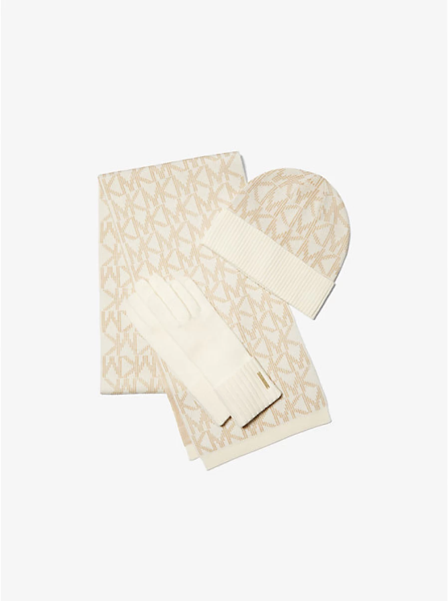 Michael Kors Women's Jacquard Scarf, Hat & Gloves Gift Set – Premium Winter Accessories with Elegant Logo Design