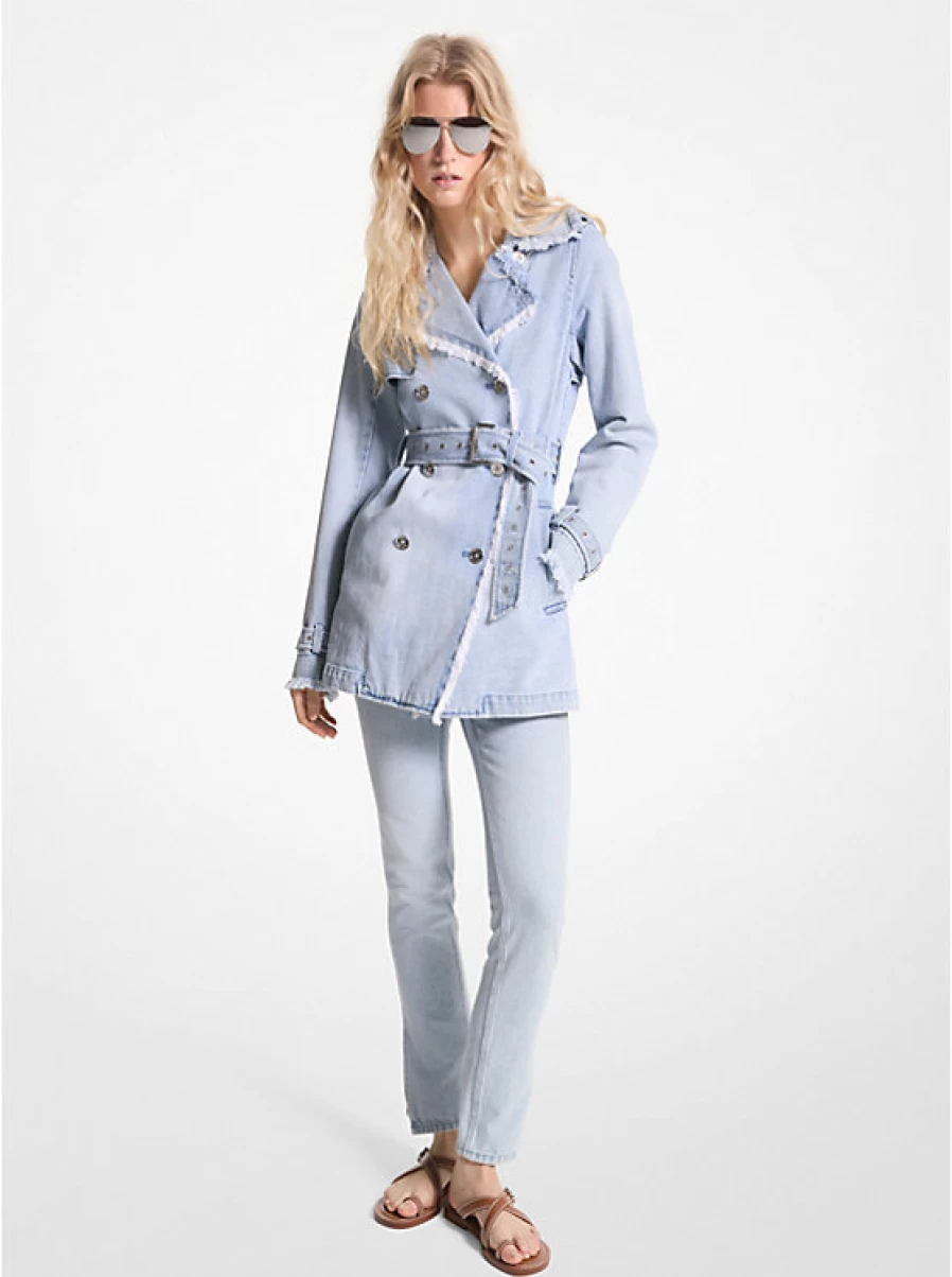 Michael Kors Women's Distressed Denim Trench Coat - Vintage Wash Long Jacket