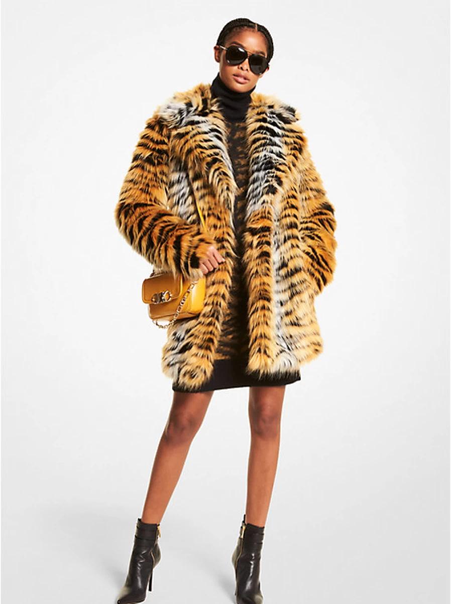 Michael Kors Women's Faux Fur Coat with Tiger Print - Luxurious Animal Print Jacket