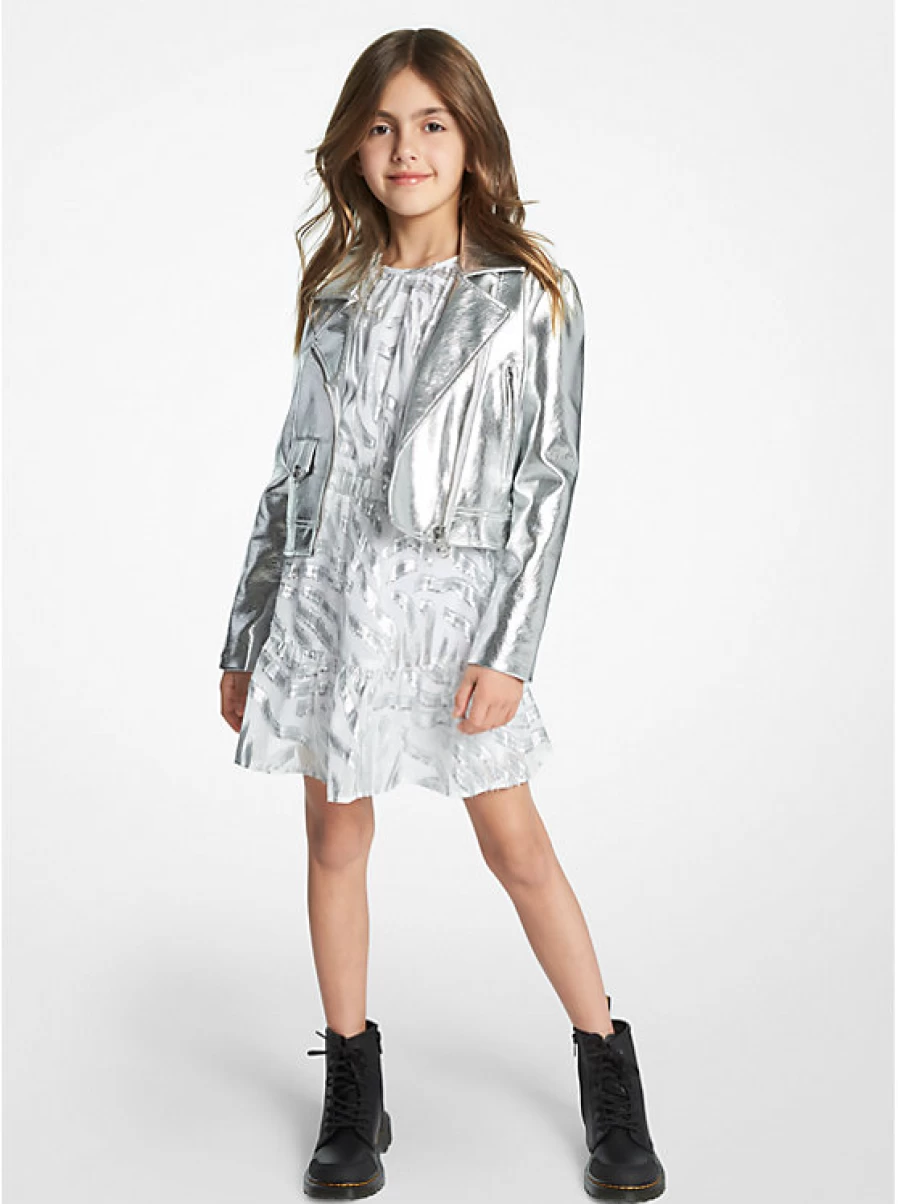 Michael Kors Kids' Motorcycle Jacket with Metal Coating & Zipper Detail
