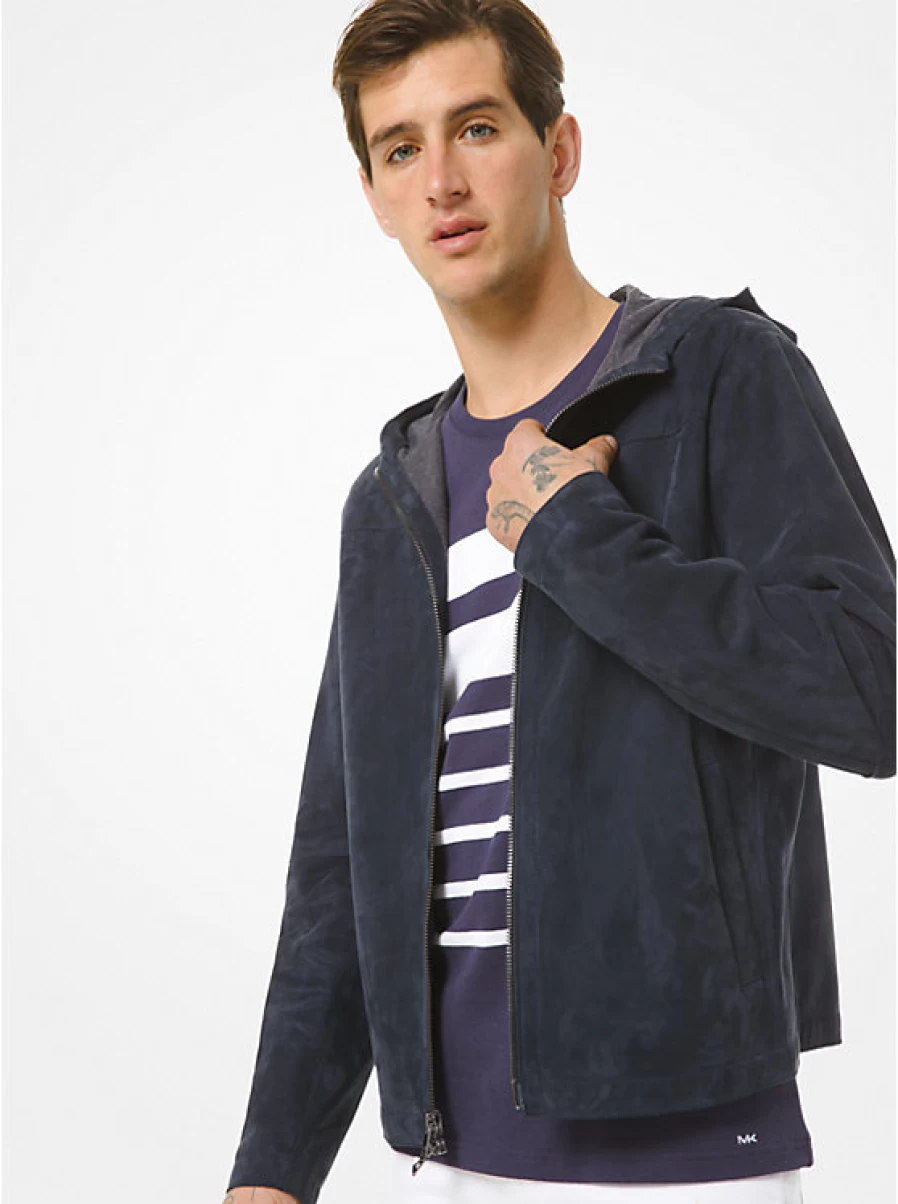 Michael Kors Men's Bonded Suede Jacket with Cap - Premium Leather Outerwear for Men