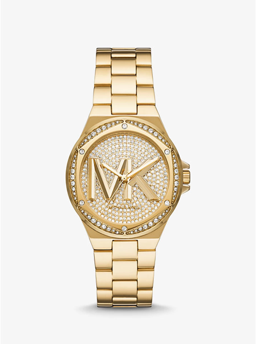 Michael Kors Women's Lennox Gold-Tone Watch with Logo and Pavé Stone Accents