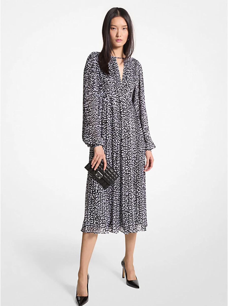 Michael Kors Women's Leopard Print Mid-Length Pleated Georgette Crepe Dress