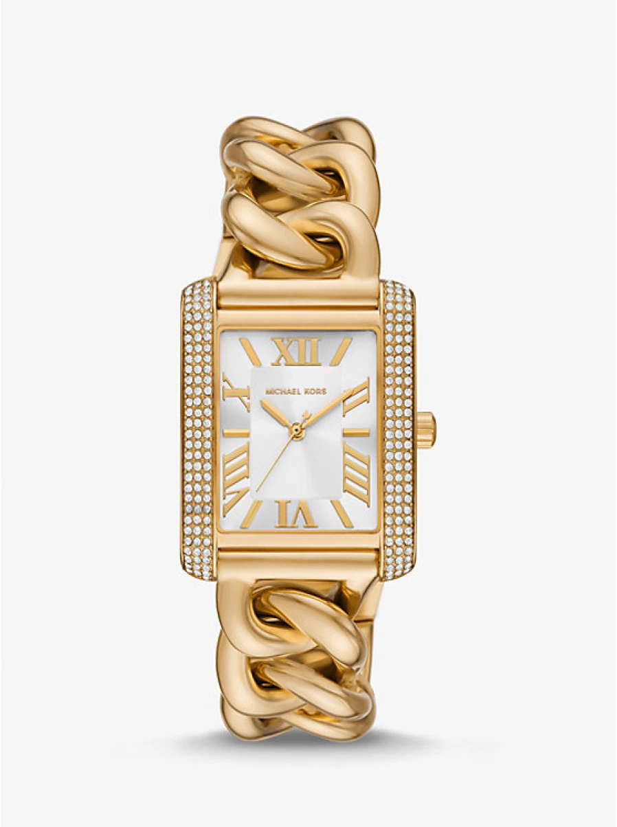 Michael Kors Women's Oversized Gold-Tone Watch with Emery Curb Chain Link and Paving Stone Accents