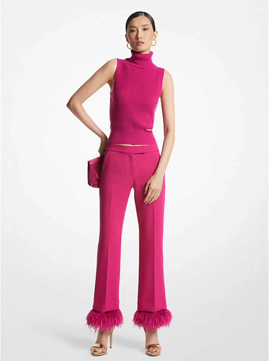 Michael Kors Women's High-Rise Stretch Crepe Pants with Detachable Feather Trim